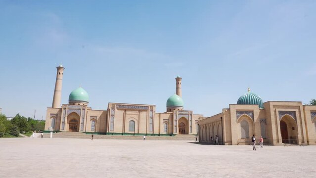 View of Khast Imam Square in Tashkent, Uzbekistan. Translation on mosque: "Hazrati imam complex"