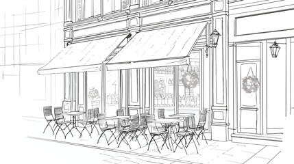 Drawing of sidewalk cafe or restaurant with tables 
