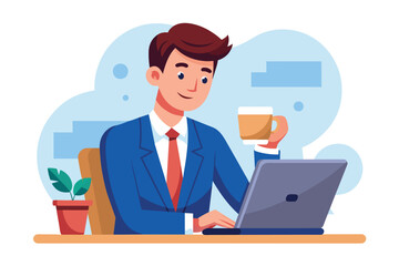 A businessman in a suit sitting at a desk holding a coffee cup. Ai generated