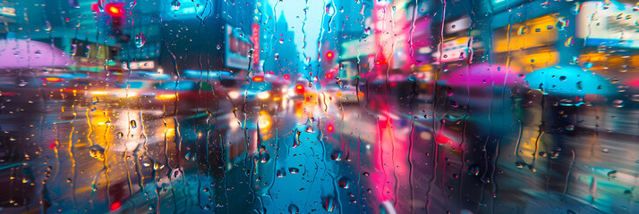 technicolor dreams in urban rainstorms a blue umbrella stands out amidst the rain - soaked cityscape