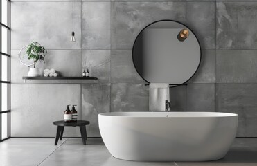 Fototapeta premium A modern bathroom with gray wall tiles, a white bathtub and a black shelf for accessories