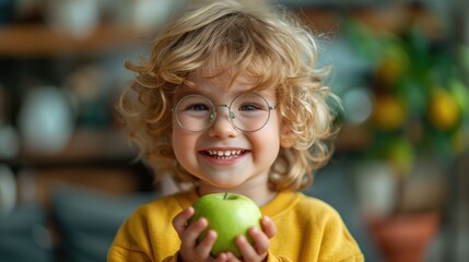 portrait of happy smiling boy wearing sweatshirt and holding green apple in school