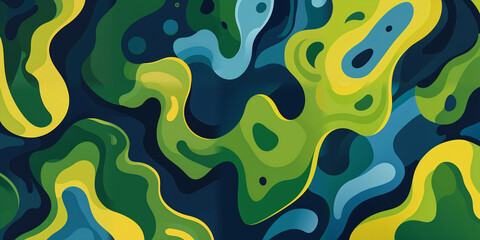 Wallpaper Background Dynamic Abstract Pattern with Interlocking Green, Blue, and Yellow Shapes. Generative AI Image.