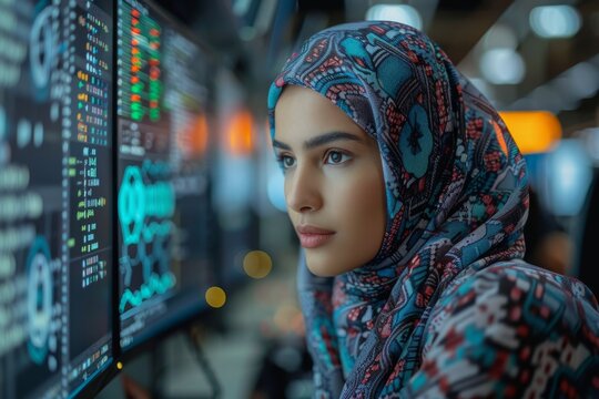 A focused woman wearing a hijab looks intently at multiple data screens displaying graphs and analytics