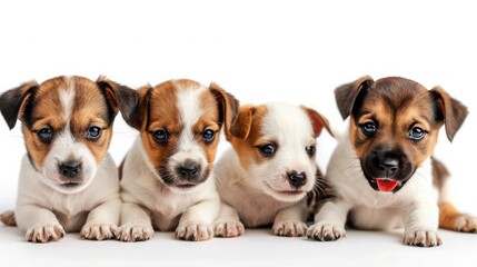 Four cute puppies of Jack Russell Terrier on a white background. Puppies are looking at the camera.