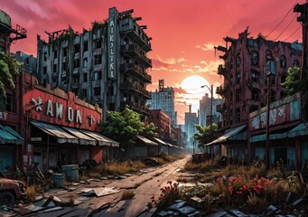 Post apocalyptic overgrowth on abandoned city during red sunset. Street view of buildings in cityscape covered in flowers and vegetation under crimson sky with clouds. Comic style.
 - Powered by Adobe