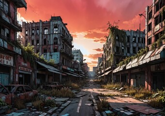 Post apocalyptic overgrowth on abandoned city during red sunset. Street view of buildings in...