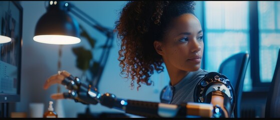 An Innovative Myoelectric Bionic Hand (Marine) in Diverse Body Positive Office. Professional with Futuristic Thought Controlled Bionic Hand (Marine) in Diverse Body Positive Office.