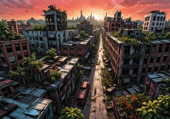 Post apocalyptic city overgrown on abandoned building during red sunset. Aerial view of buildings...
