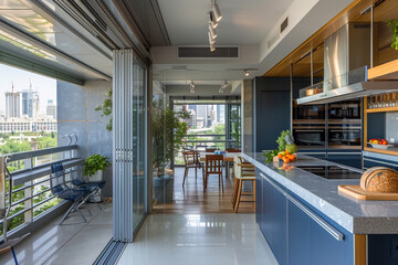 An urban-chic Tel Aviv kitchen, with Mediterranean blue accents, limestone countertops, sleek Israeli-designed chairs, and a balcony that captures the vibrant city life below.