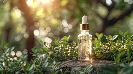 A glass bottle with aromatic oil or serum on nature blur background effect cosmetic products design mockup ,  Concept of beauty