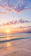 Fototapeta premium A beach at sunset with calm waves and a blue sky