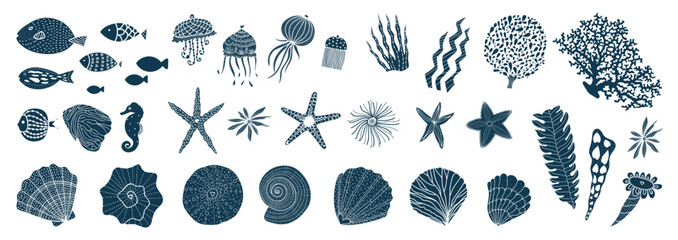 Sea animals and water plants. Vector illustration on a transparent background. Illustration icon set of various sea creatures (seashells, starfish,jellyfish, coral, seaweed, and tropical fish)