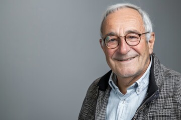 Fototapeta premium smiling senior man in jacket and glasses on white background