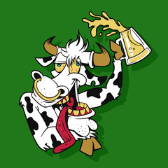 Drunk Cow Drinking Beer Cartoon Vector Illustration