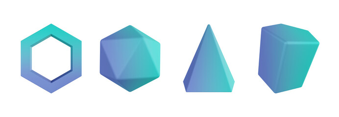 3d honeycomb, icosphere, pentagon pyramid, pentagonal prism. Geometric shapes 3d set. Transparent background