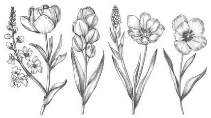 Engraved flowers drawn in vintage style. Field floral