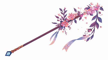 Esoteric wand and floral wreath flowers. Mystic concept