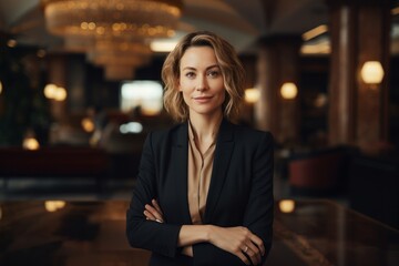 Fototapeta premium Portrait of a glad woman in her 40s dressed in a stylish blazer while standing against luxurious hotel lobby