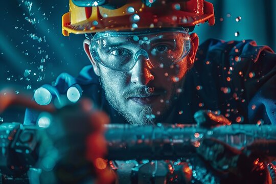 Professional male plumber wearing protective gear working with a wrench with water pipes