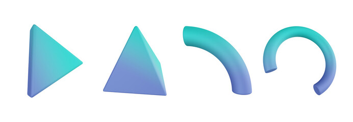 3d prism triangular, pyramid, quarter torus. Geometric shapes 3d set. Transparent background