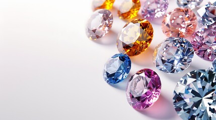 Sparkling jewels in assorted colors arranged gracefully on a clean white background, capturing the essence of elegance.