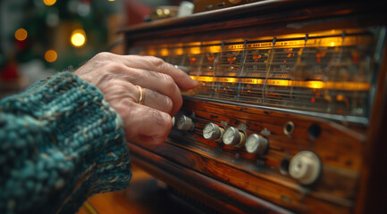 closeup of the hand turning on an old radio, with focus centered around it and the channel shifting button