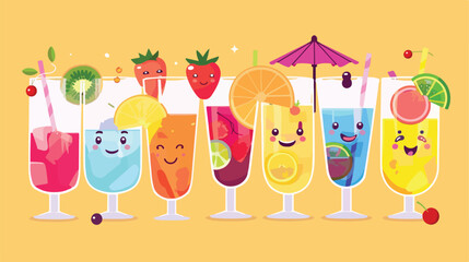 Exotic cocktails in glasses with cute happy faces.