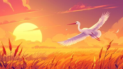 Naklejka premium An eagle fly over a field of agriculture against a background of a big sunset sun. A modern cartoon illustration of an evening scene with a ciconia flying over agriculture fields.