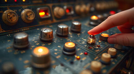 closeup of the hand turning on an old radio, with focus centered around it and the channel shifting button