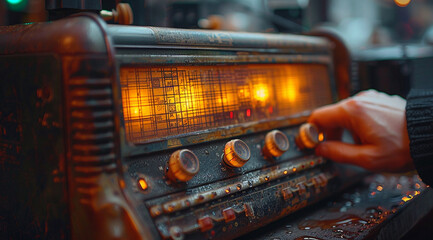 closeup of the hand turning on an old radio, with focus centered around it and the channel shifting button