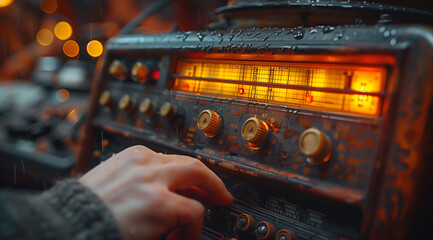 closeup of the hand turning on an old radio, with focus centered around it and the channel shifting button