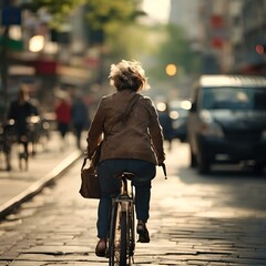 A woman riding a bicycle on the street in the city, with cars and bicycles around, traffic is ongoing