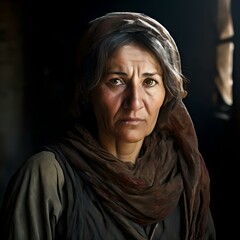 Portrait of an Azerbaijani woman in her 50s wearing a headscarf