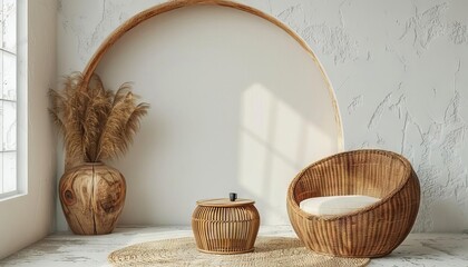 Fototapeta premium The rattan armchair and table, set against the backdrop of the arch, create a harmonious blend of textures and materials