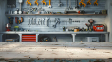Wooden board empty table on front with Blurry layout tools of technician about wrench on white wooden board. Repair equipment and many handy tools. Generative AI illustration