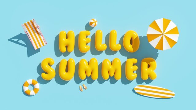 Hello summer is written in inflatable yellow letters on a blue background. Beach scene with umbrella, surfboard and lounge chair. Creative tropical background for postcard, poster. 3D illustration.