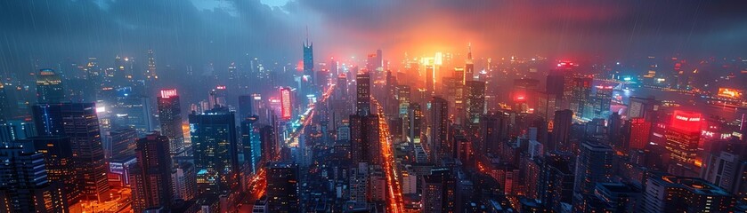 Obraz premium A bustling cityscape from a skyscrapers edge, blending darkness and neon lights to evoke the minds inner labyrinth, using CG for surreal depth and distorted perspectives