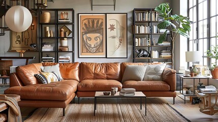 Cozy living room with a light brown leather sofa, woven rug, and a tall bookshelf Wall art in burnt orange and a large window enhance the inviting atmosphere