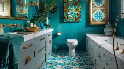 Eclectic bathroom with a floating vanity, patterned tiles, and gold fixtures Bold teal towels and geometric art emphasize the inviting palette