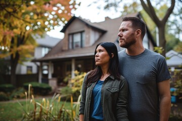 Naklejka premium A man and woman standing together in front of a house during autumn Fictional Character Created By Generative AI. 