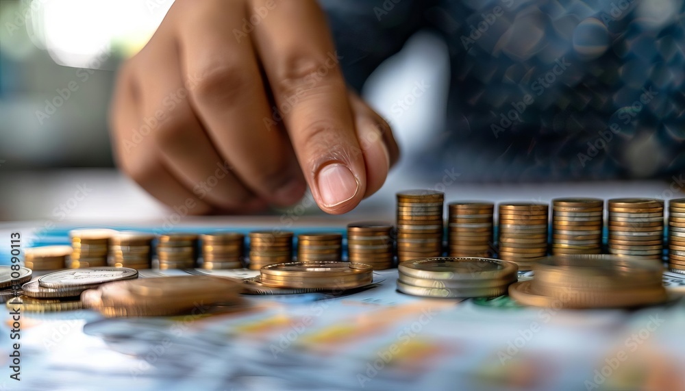 Poster a close-up shot captures a businessman hand skillfully selecting coins from a stack on a table, illu