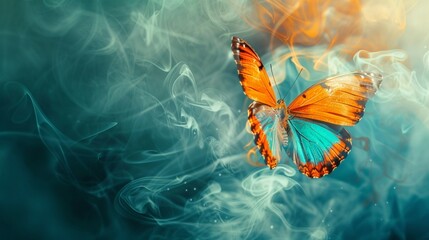 a wallpaper, with orange wings and a azure butterfly, light cyan, and azure, smokey background