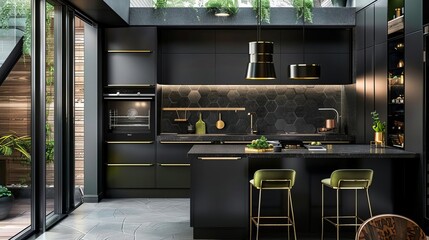 Sleek kitchen with black cabinets, slate countertop, and brass handles Vibrant green stools and hexagon tiles contrast the neutral backdrop
