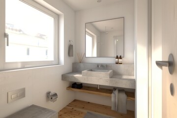 A modern bathroom with white walls, a grey sink and concrete countertop