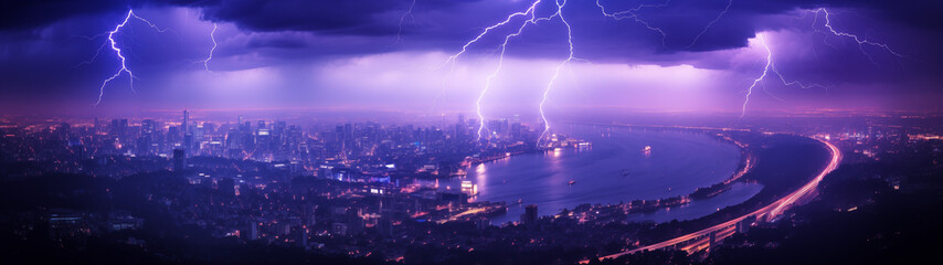Dramatic Thunderstorm over Urban Skyline at Night