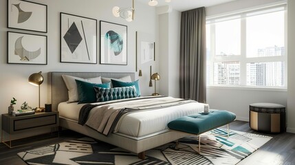 Urban bedroom with a platform bed, monochrome rug, and geometric art Bold teal cushions and brass lamps frame the sophisticated design