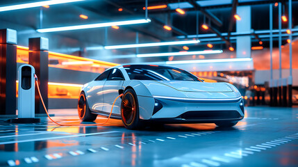 Obraz premium Futuristic electric car is connected to the EV charging station in the underground parking of the business center showroom. Technology and alternative energy concept