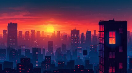 A minimalist city skyline with a single, glowing window in one of the buildings.
