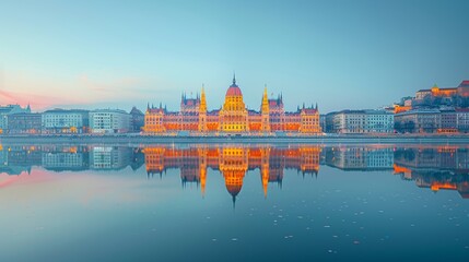 Naklejka premium Stunning Hungarian Parliament Building at Twilight With Perfect Reflection in Budapest
